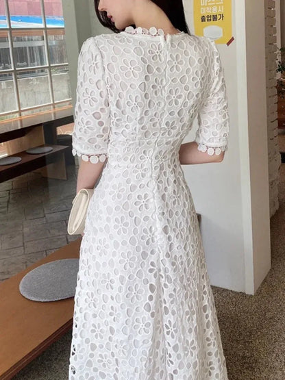 Fairy Style V-Neck Lace Dress - White Dress - Guocali