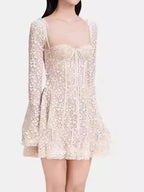 Fairycore Strapless Sweetheart Neckline Lace Dress - Illusion Long Sleeves -Guocali