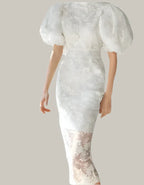 Fashion Bubble Sleeves Lace Sequin Long Dress -Guocali