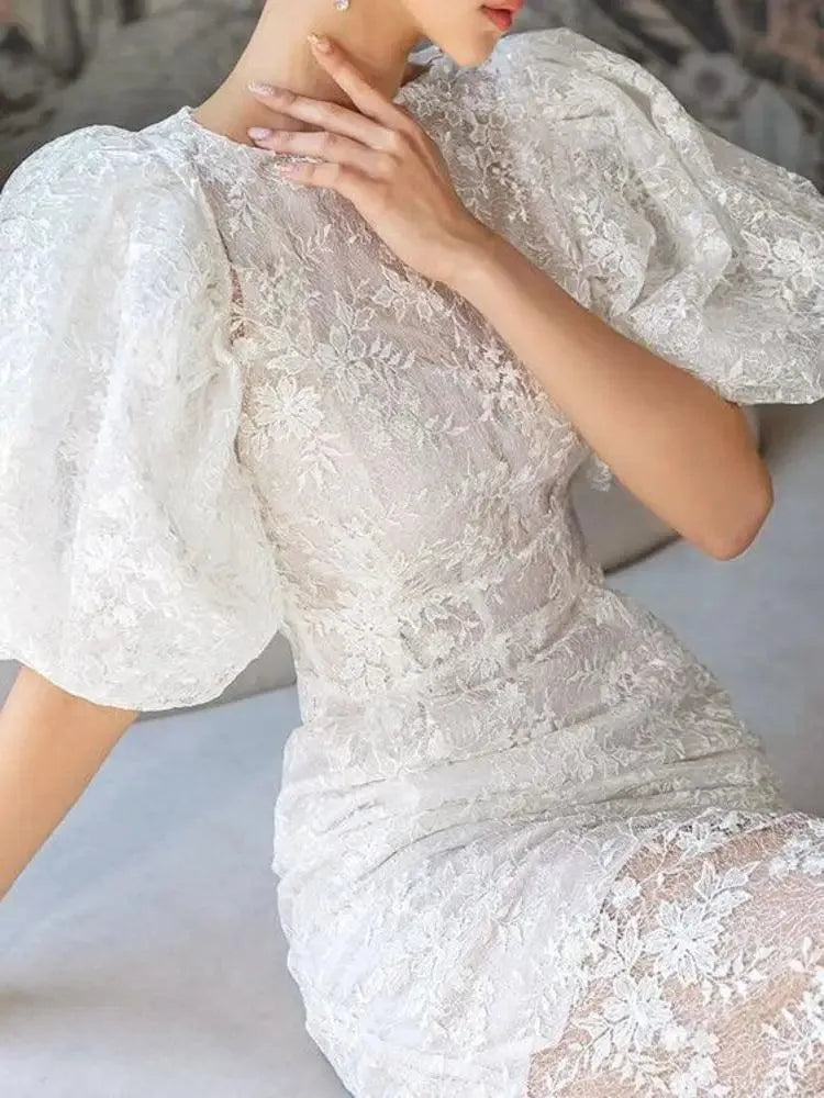 Fashion Bubble Sleeves Lace Sequin Long Dress -Guocali