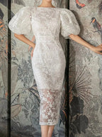 Fashion Bubble Sleeves Lace Sequin Long Dress -Guocali