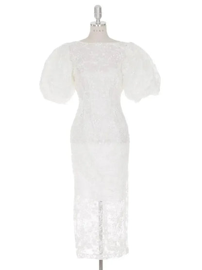Fashion Bubble Sleeves Lace Sequin Long Dress -Guocali