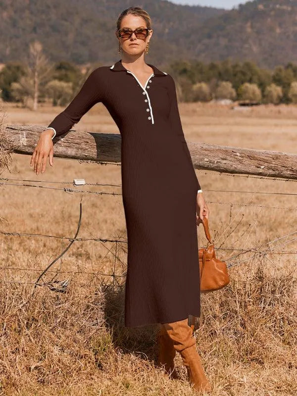 Fashionable Lapel Slim Fit Knitted Dress -Guocali