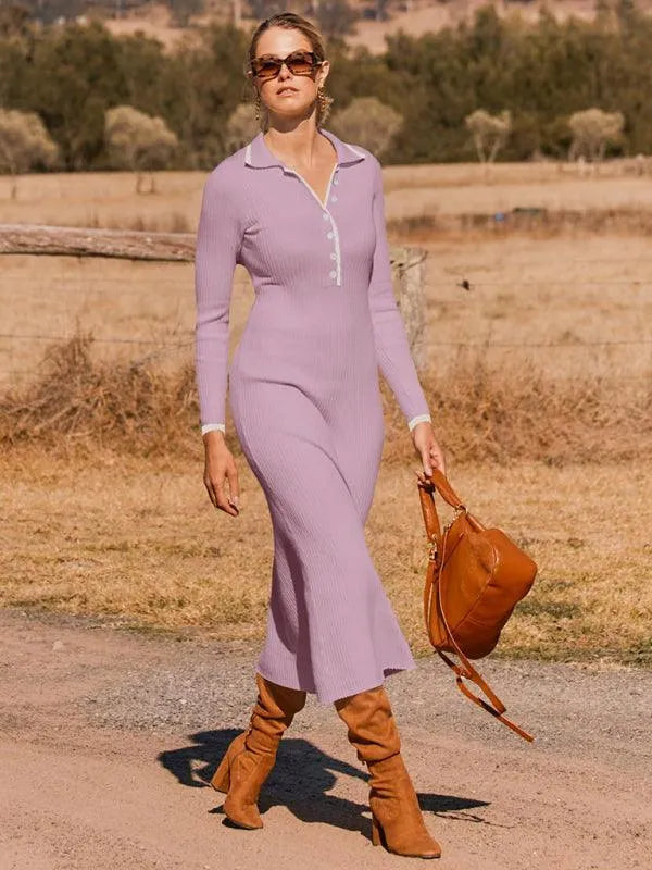 Fashionable Lapel Slim Fit Knitted Dress -Guocali