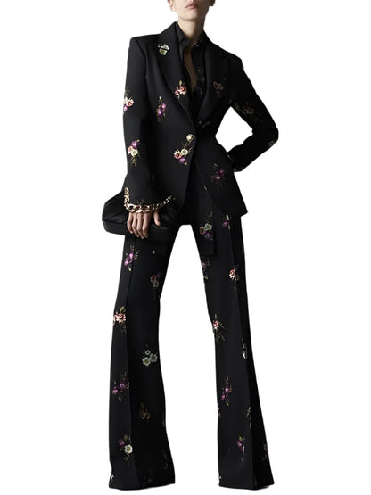 Floral Pant Suit - Notched Collar Women Trouser Suit - Pantsuit - Guocali