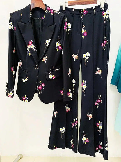 Floral Pant Suit - Notched Collar Women Trouser Suit - Pantsuit - Guocali