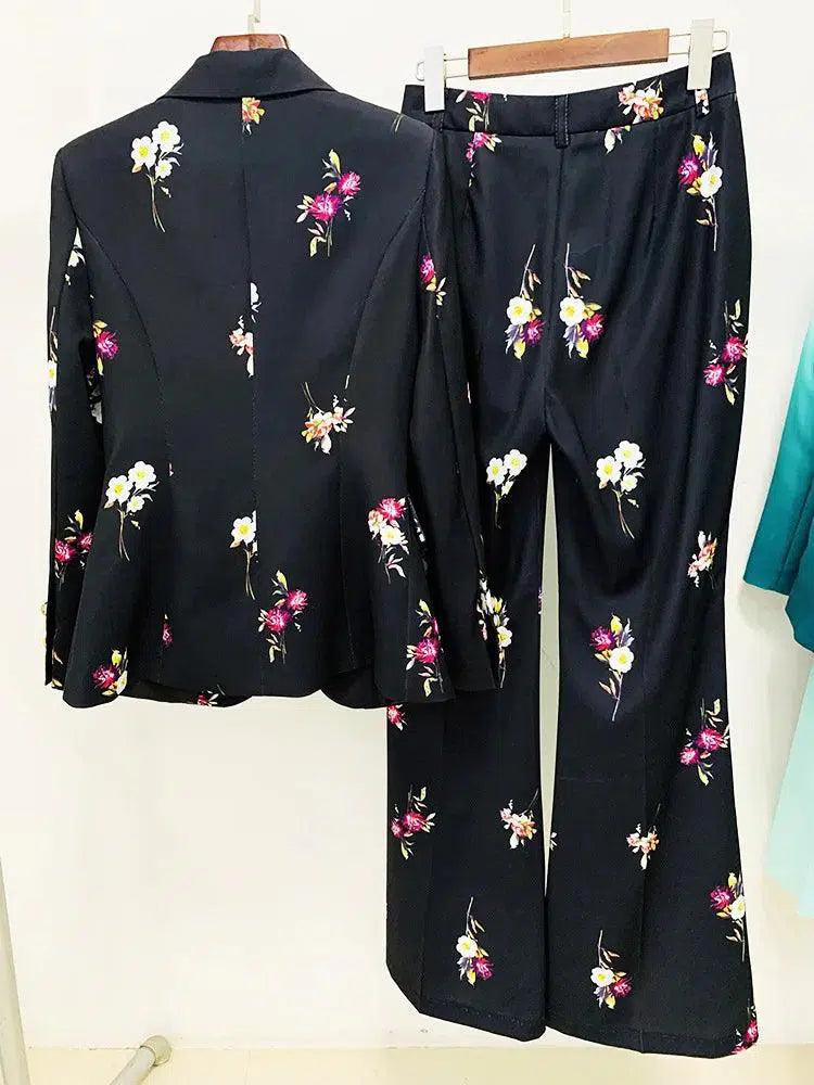 Floral Pant Suit - Notched Collar Women Trouser Suit - Pantsuit - Guocali