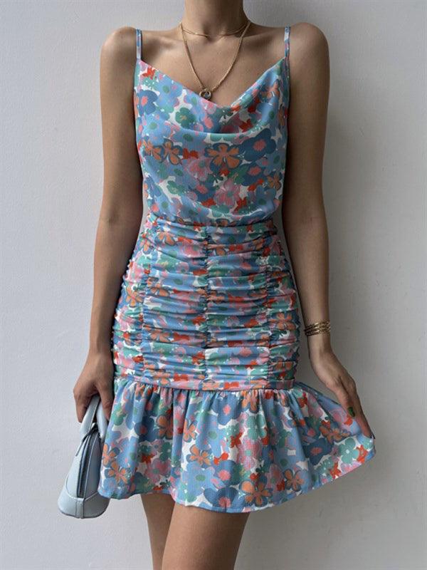 Floral Print Hip Strap Dress - Strap Dress - Guocali