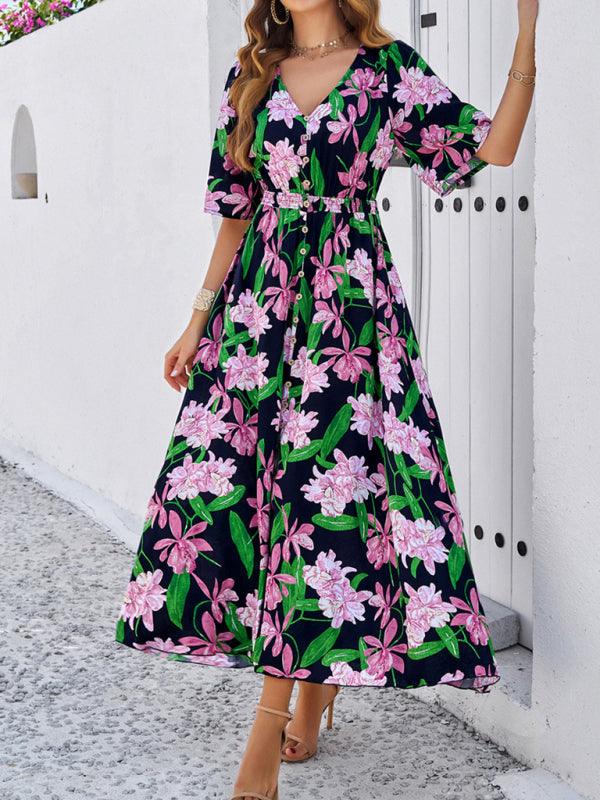 Floral Print Slit Dress Vacation - Slit Dress - Guocali