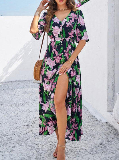 Floral Print Slit Dress Vacation - Slit Dress - Guocali