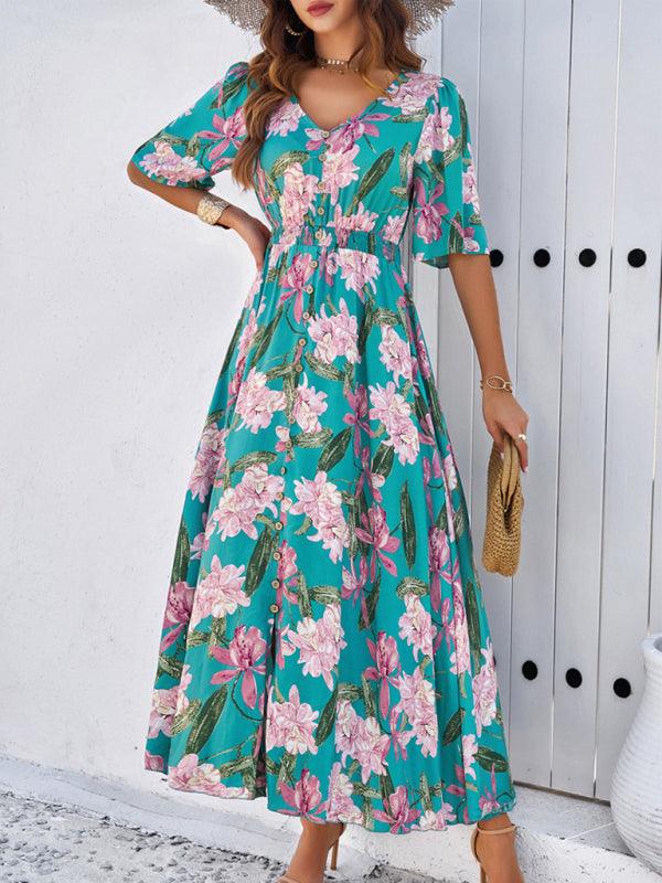 Floral Print Slit Dress Vacation - Slit Dress - Guocali