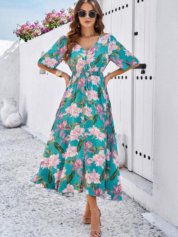 Floral Print Slit Dress Vacation - Slit Dress - Guocali