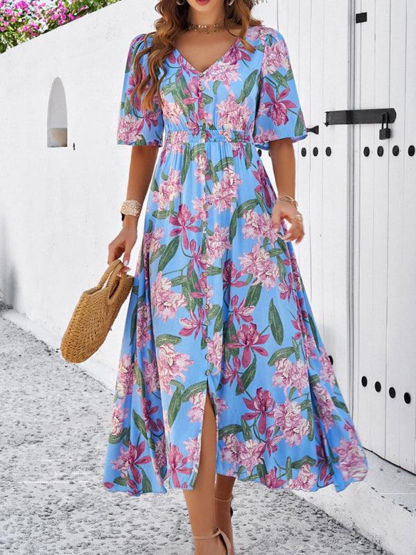 Floral Print Slit Dress Vacation - Slit Dress - Guocali