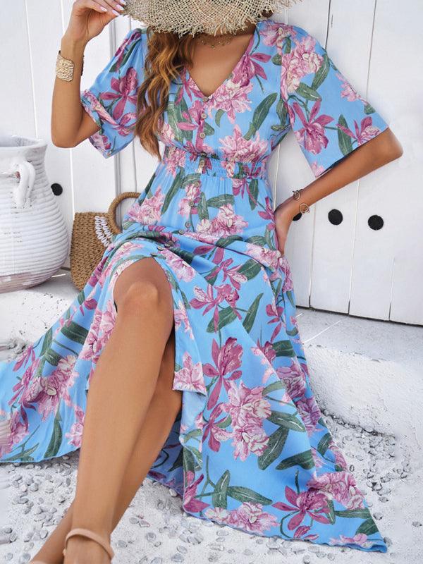 Floral Print Slit Dress Vacation - Slit Dress - Guocali