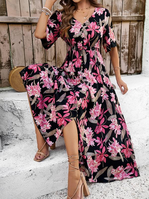 Floral Print Slit Dress Vacation - Slit Dress - Guocali