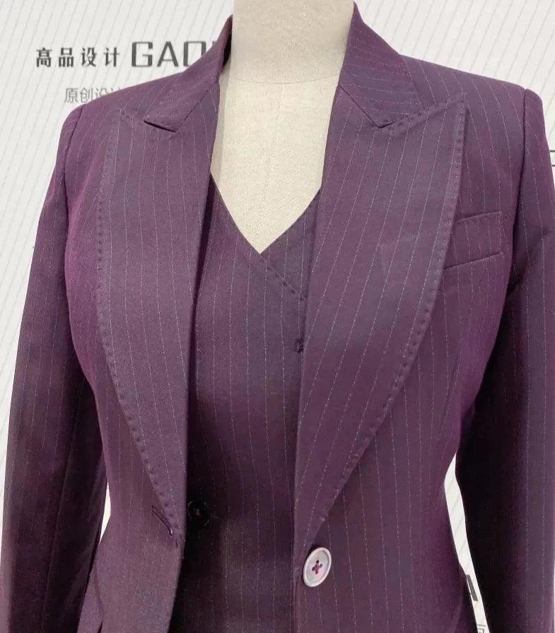 Fuchsia Striped Worsted Pant Suit, Slim Three-Piece Women Suit, Business Formal - Pantsuit - Guocali