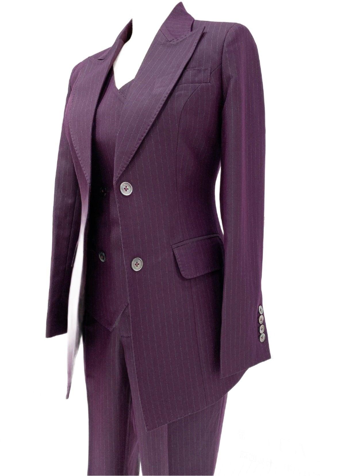 Fuchsia Striped Worsted Pant Suit, Slim Three-Piece Women Suit, Business Formal - Pantsuit - Guocali