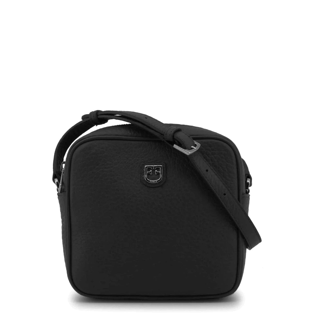 Black textured leather crossbody bag with an adjustable strap fashion image