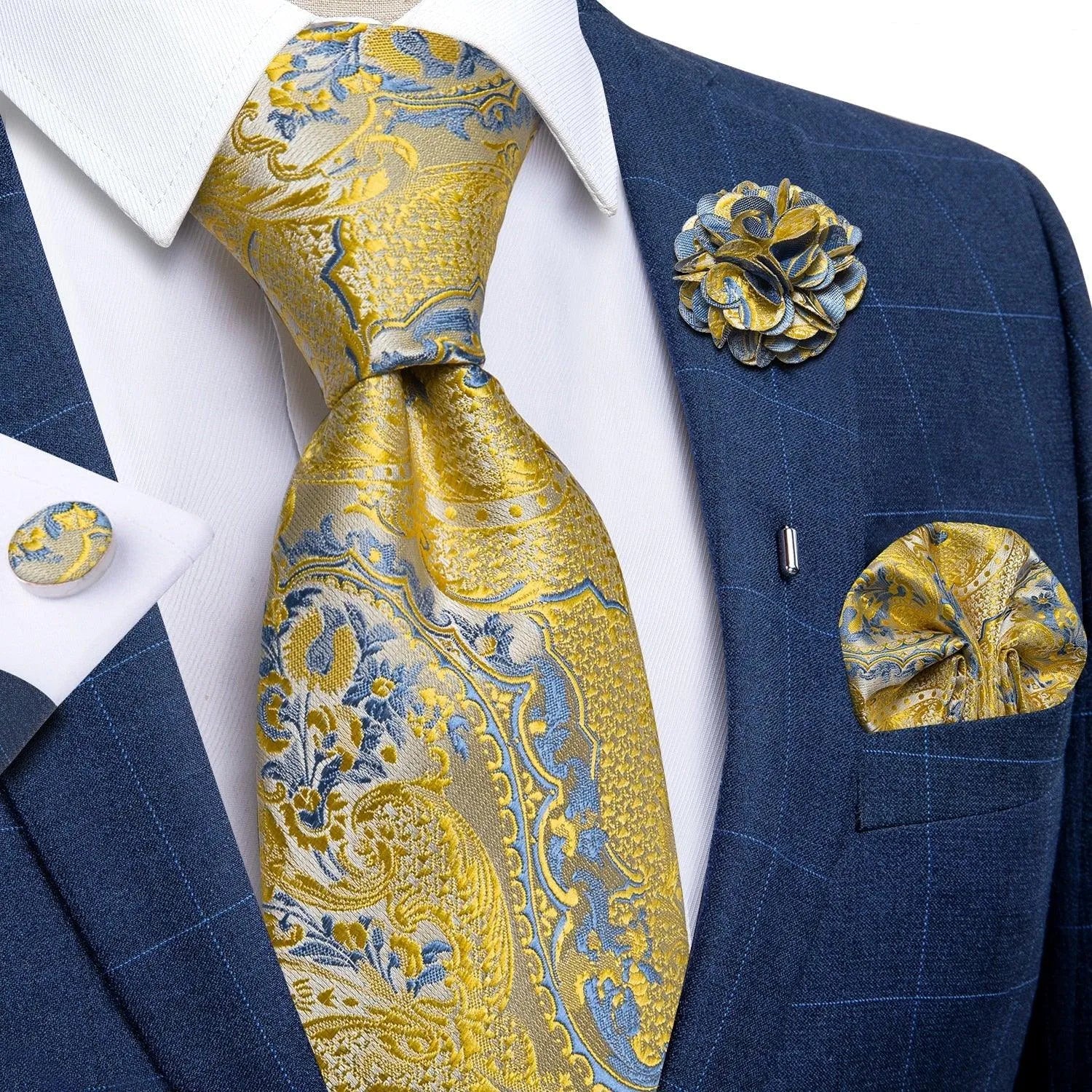 Gold Blue Paisley Necktie Set -Guocali