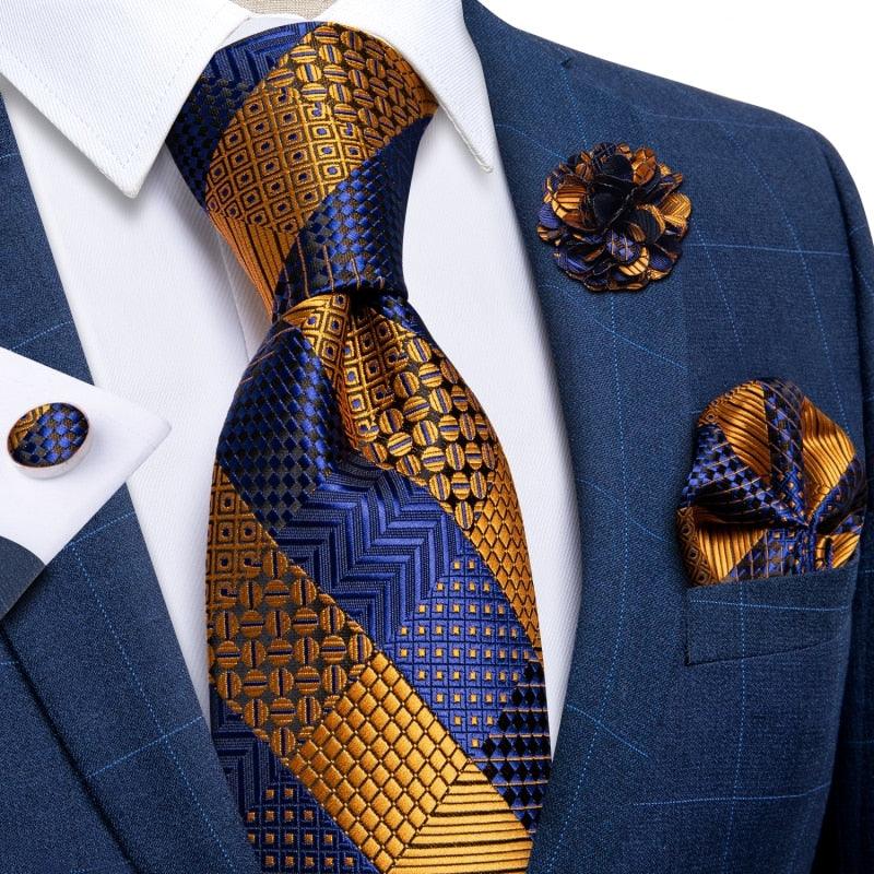 Gold Blue Striped Silk Necktie Set - Necktie - Guocali