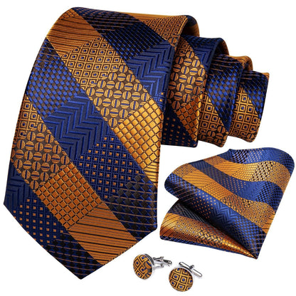 Gold Blue Striped Silk Necktie Set - Necktie - Guocali