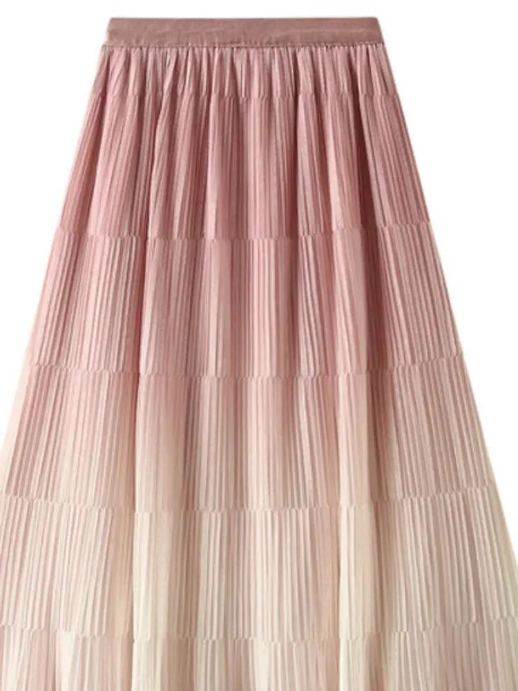 Gradient Color Loose Mid Length Skirt Women - Pleated Skirt - Guocali