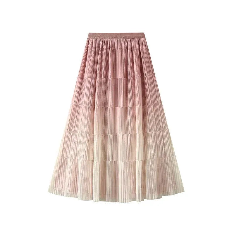 Gradient Color Loose Mid Length Skirt Women - Pleated Skirt - Guocali