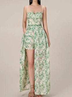 Green Embroidered Suspended Dress-Short Outfit Set - Guocali