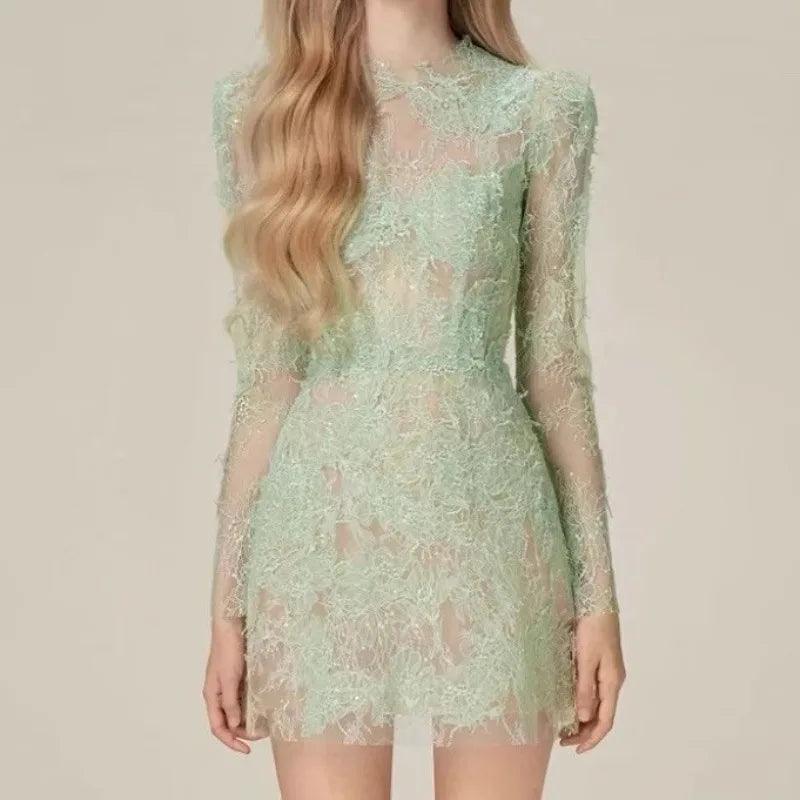 Green Lace Bodycon Long-Sleeve Party Dress - Party Dress - Guocali