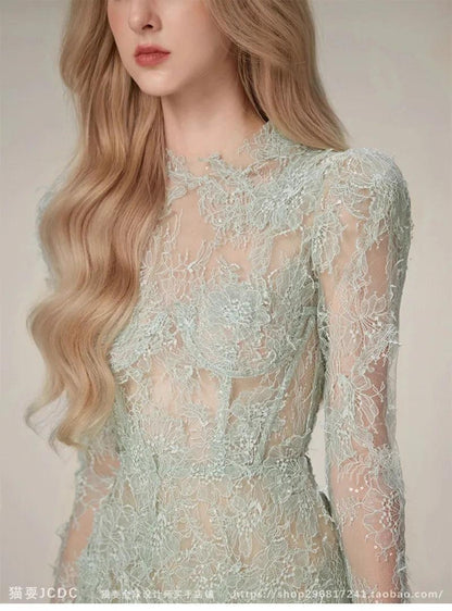 Green Lace Bodycon Long-Sleeve Party Dress - Party Dress - Guocali