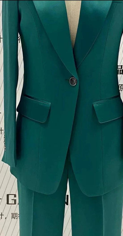 Green Silk Satin Women Pant Suit - Lapel Collar Trouser Suit - Pantsuit - Guocali