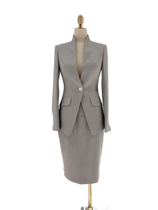 Grey Skirt Suit - Women Formal Suit - Stand Up Collar - Skirt Suit - Guocali