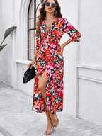 Holiday Casual Printed V-Neck Slit Dress -Guocali