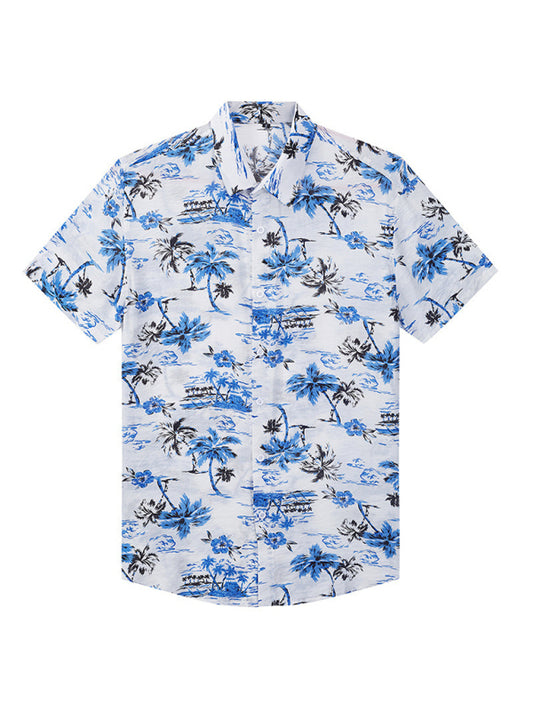 Men Casual Short Sleeves Hawaiian Shirt – Lightweight - Blue, White