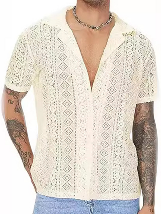 Men Casual Short Sleeves Cotton Button-Down Shirt – Breathable - Beige
