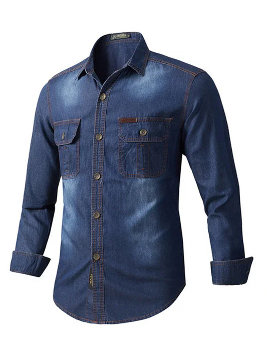 Men Casual Long Sleeves Work Denim Shirt – Breathable - Blue