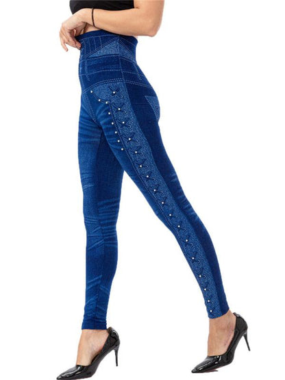 High Waist Beaded Jeggings - Stretch