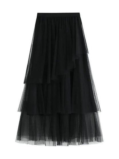 Irregular Mesh High-Waisted Long Skirt - Long Skirt - Guocali