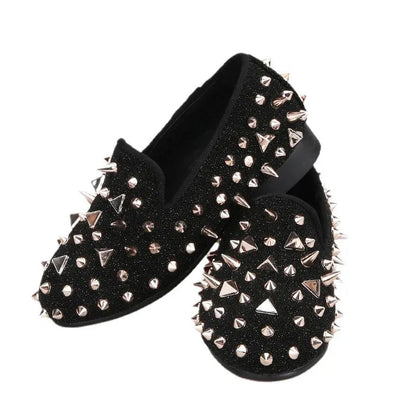 Kids Loafers Black Suede Kid's Loafers with Rose Gold Rivets: Red Bottom - Loafer Shoes - Guocali