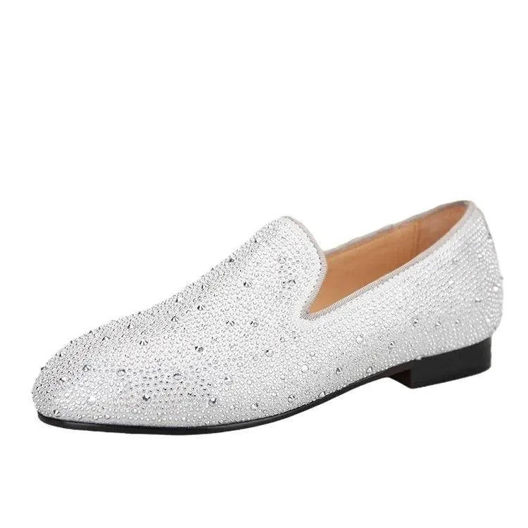 Kids Loafers Crystal Gleam: Handmade Silver Leather Parent-Child Loafers - Red Bottoms - Loafer Shoes - Guocali