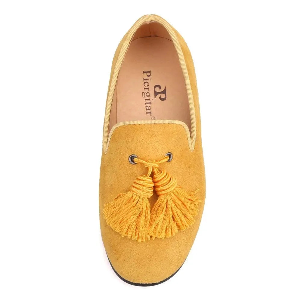 Kids Loafers Gold Suede Kids' Loafer Shoes: Tassel Party Shoes with Signature Red Bottom - Loafer Shoes - Guocali