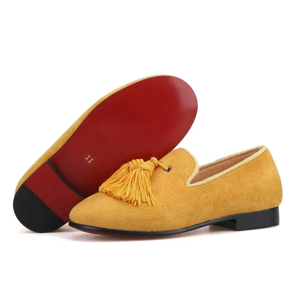 Kids Loafers Gold Suede Kids' Loafer Shoes: Tassel Party Shoes with Signature Red Bottom - Loafer Shoes - Guocali