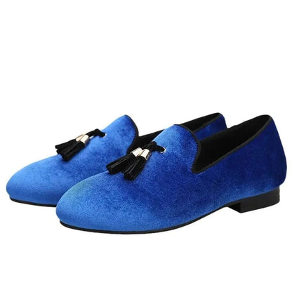 Kids Loafers Klein Blue Velvet Parent-Child Loafers with Gold Buckle Tassel Detail - Loafer Shoes - Guocali