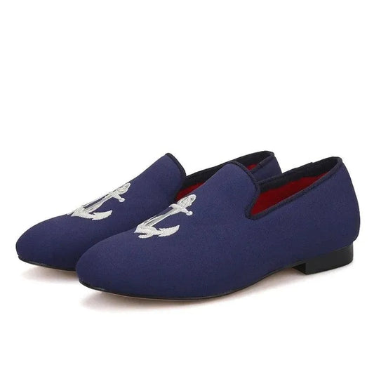 Kids Loafers Nautical Charm: Handcrafted Navy Canvas Children's Loafers with Embroidery - Loafer Shoes - Guocali