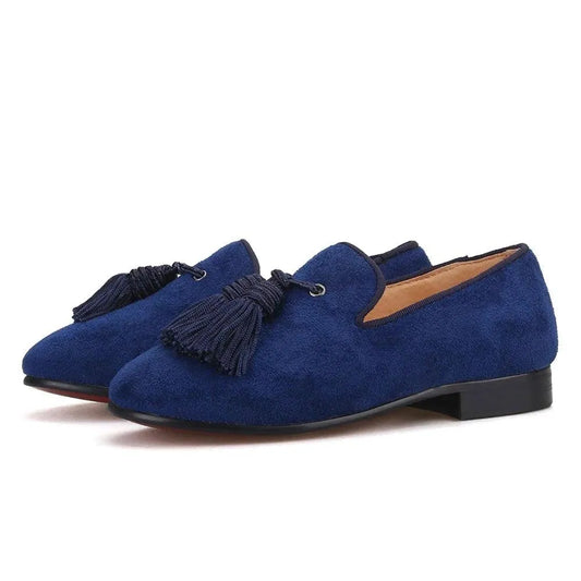 Kids Loafers Navy Suede Kids' Smoking Tassel Loafers for Parties and Birthdays with Red Bottoms - Loafer Shoes - Guocali