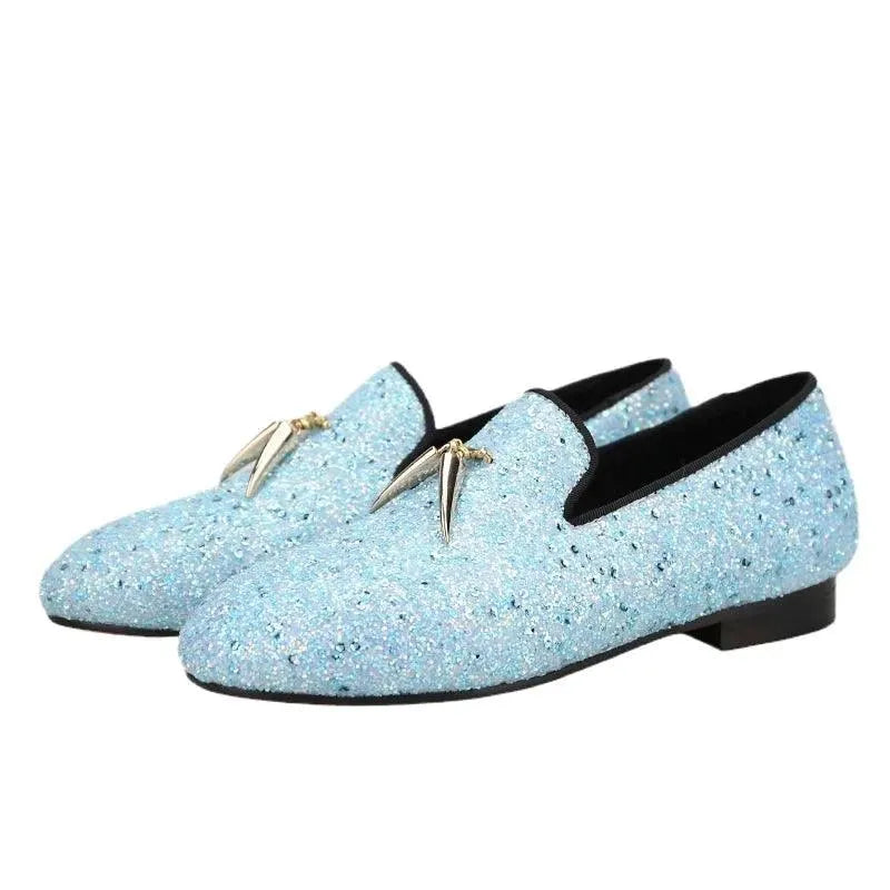 Kids Loafers Starry Strides: Toddler Loafers in Sky Blue Glitter Sequins with Metal Tassel Buckle and Vibrant Red Outsole - Loafer Shoes - Guocali