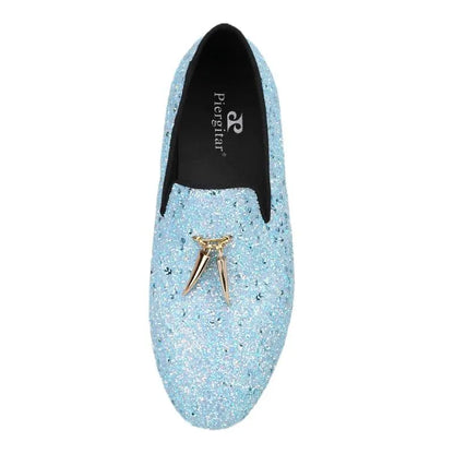 Kids Loafers Starry Strides: Toddler Loafers in Sky Blue Glitter Sequins with Metal Tassel Buckle and Vibrant Red Outsole - Loafer Shoes - Guocali