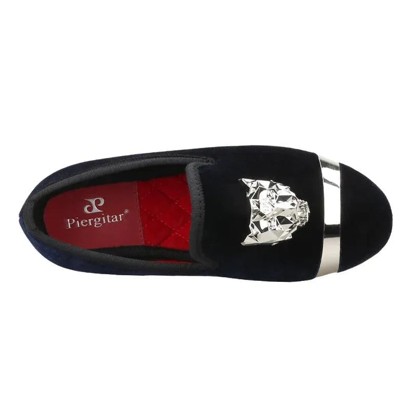 Kids Loafers Velvet Navy Delight: Handmade Children's Loafers with Silver Buckle - Loafer Shoes - Guocali