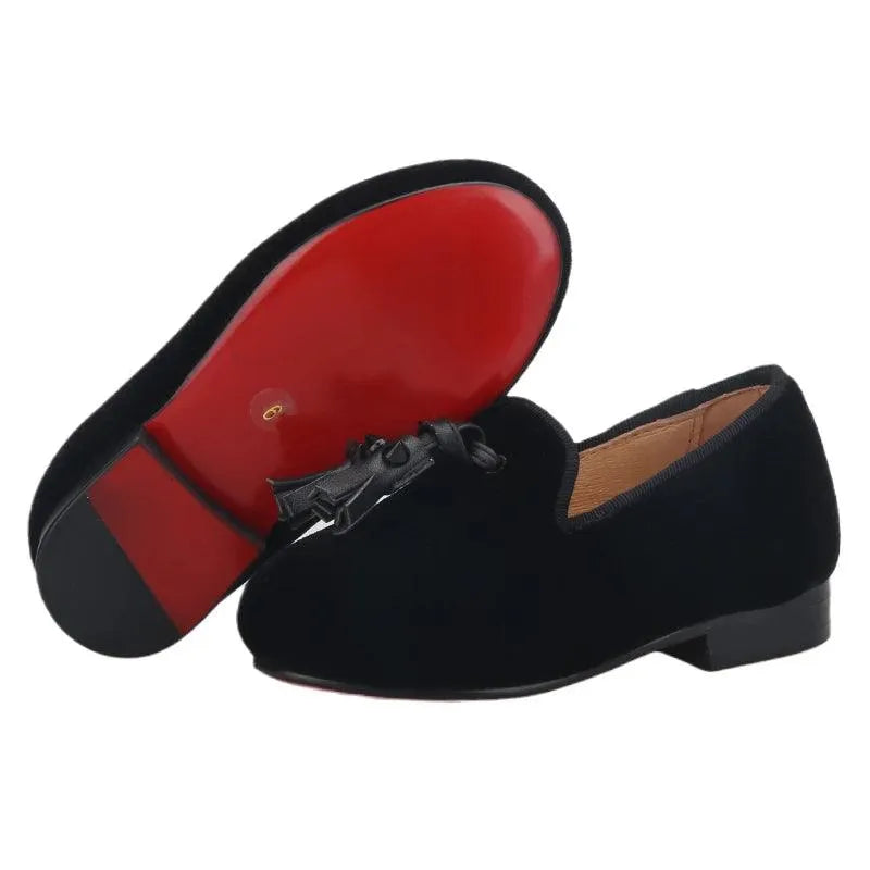 Kids Loafers Velvet Sophistication: Black Velvet Children's Spiked Loafer Shoes with Tassel - Loafer Shoes - Guocali