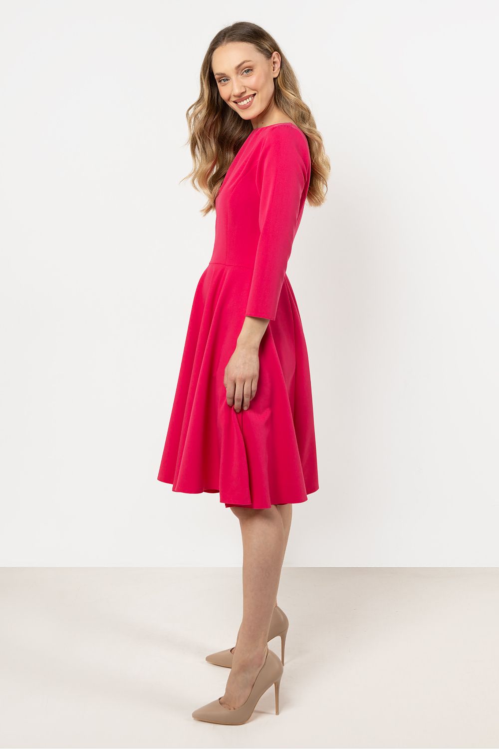 Knee Length Dress – Boat Neck, A-Line, Pleats, Pink – Daydress | GUOCALI – view 2